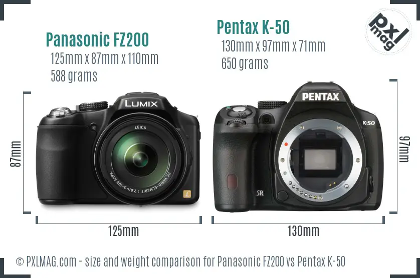 Panasonic FZ200 vs Pentax K-50 size comparison