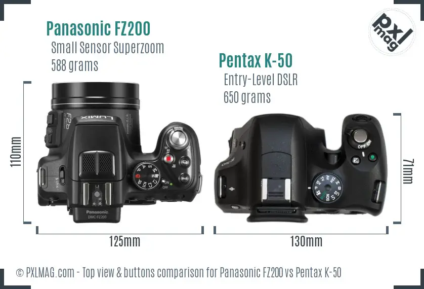 Panasonic FZ200 vs Pentax K-50 top view buttons comparison