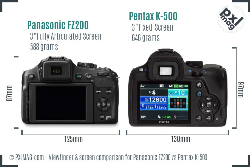 Panasonic FZ200 vs Pentax K-500 Screen and Viewfinder comparison