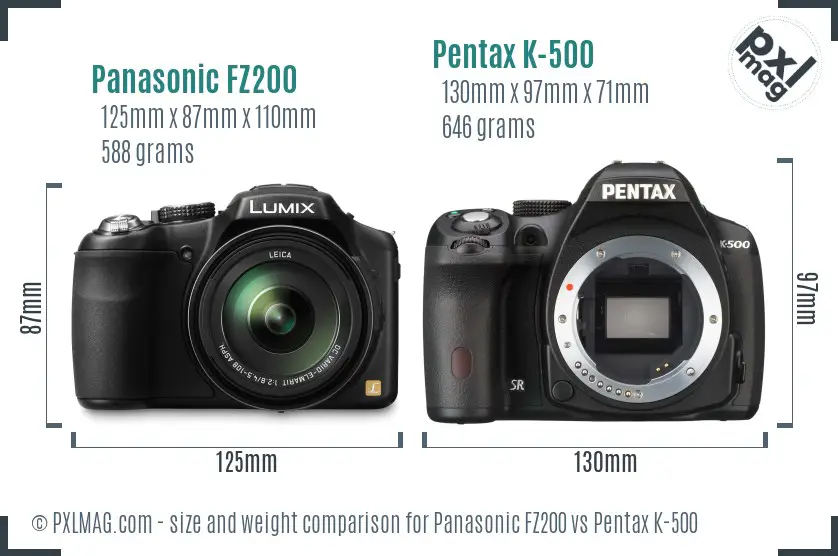 Panasonic FZ200 vs Pentax K-500 size comparison