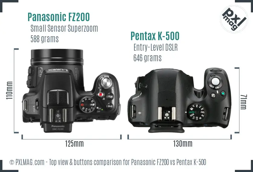 Panasonic FZ200 vs Pentax K-500 top view buttons comparison