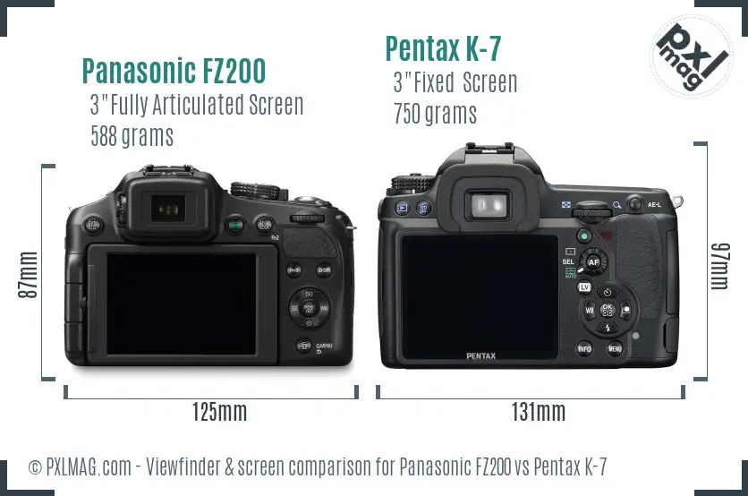 Panasonic FZ200 vs Pentax K-7 Screen and Viewfinder comparison