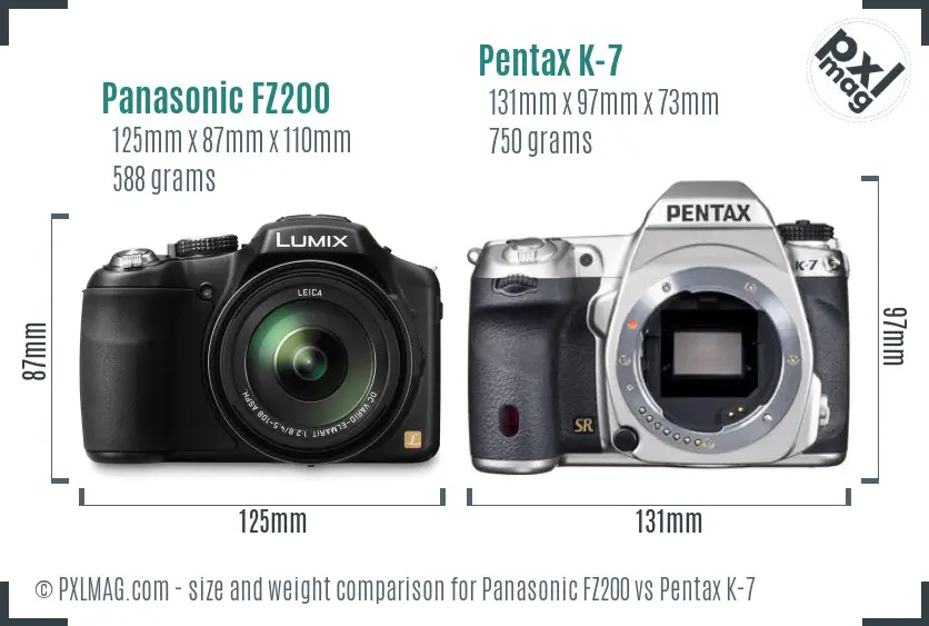 Panasonic FZ200 vs Pentax K-7 size comparison