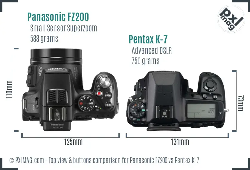 Panasonic FZ200 vs Pentax K-7 top view buttons comparison