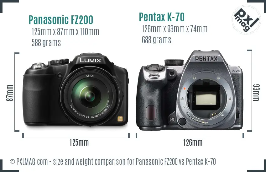 Panasonic FZ200 vs Pentax K-70 size comparison