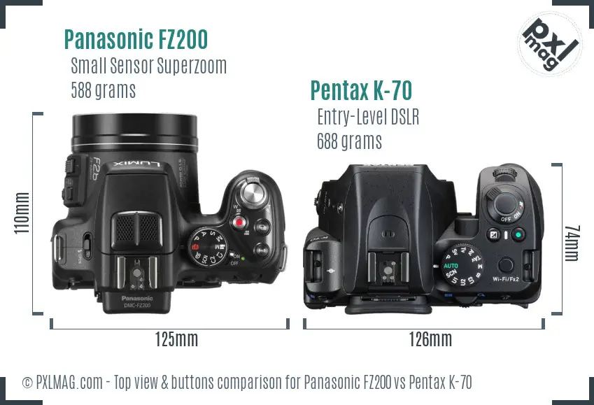 Panasonic FZ200 vs Pentax K-70 top view buttons comparison