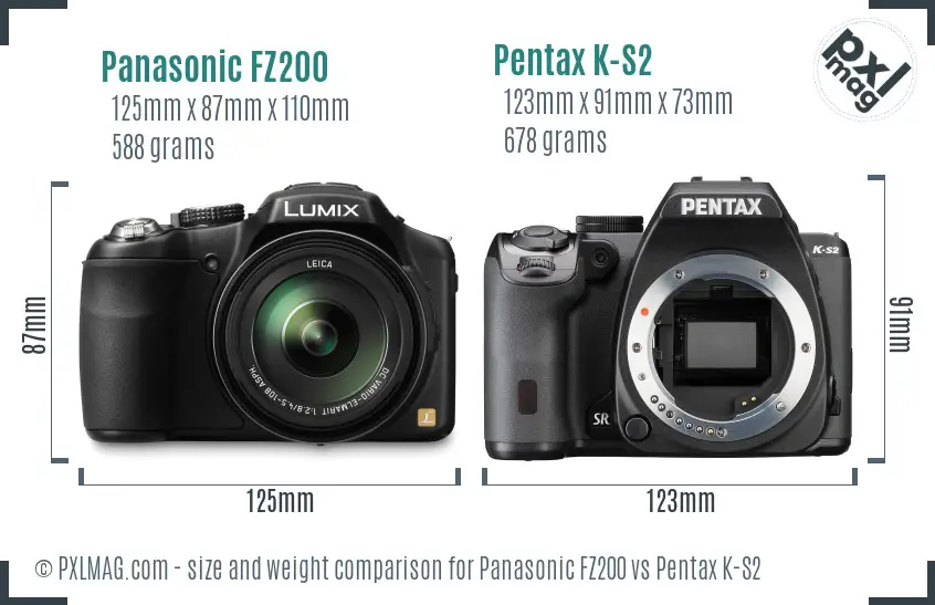 Panasonic FZ200 vs Pentax K-S2 size comparison