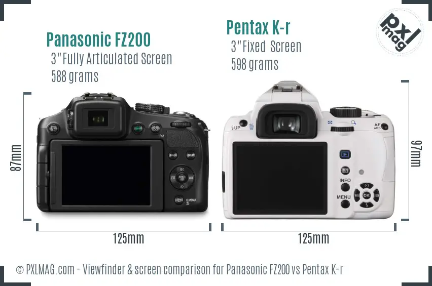 Panasonic FZ200 vs Pentax K-r Screen and Viewfinder comparison