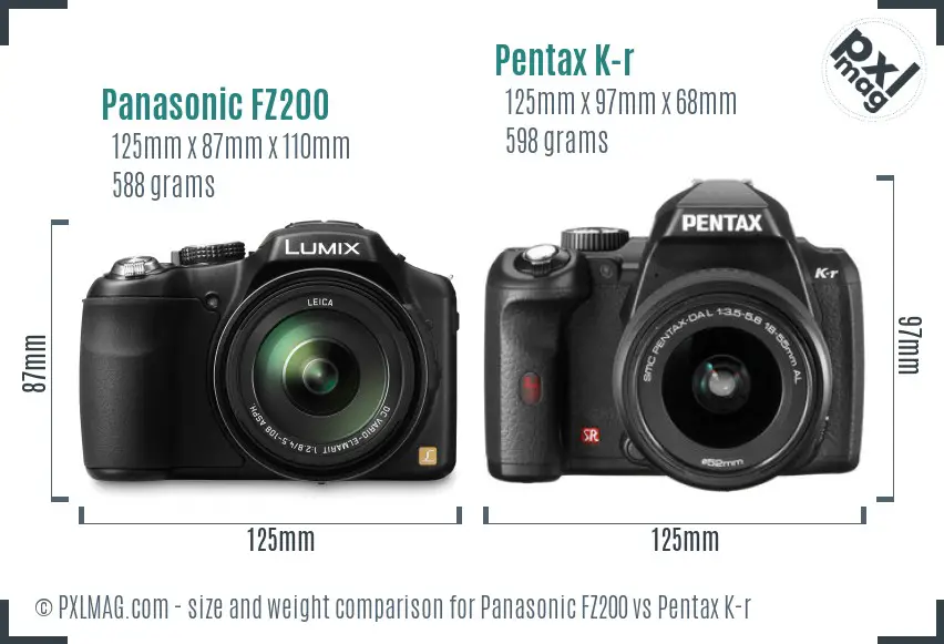 Panasonic FZ200 vs Pentax K-r size comparison