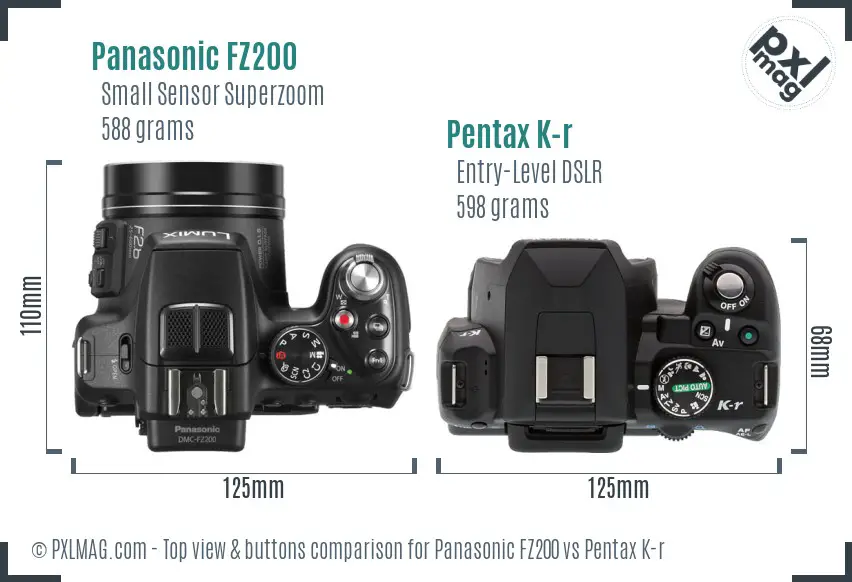 Panasonic FZ200 vs Pentax K-r top view buttons comparison