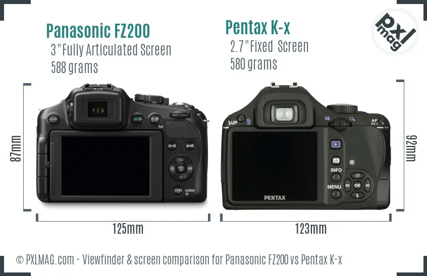 Panasonic FZ200 vs Pentax K-x Screen and Viewfinder comparison
