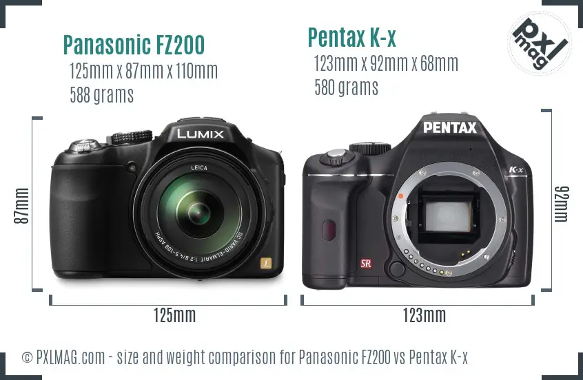Panasonic FZ200 vs Pentax K-x size comparison
