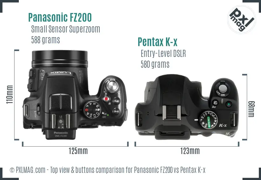 Panasonic FZ200 vs Pentax K-x top view buttons comparison