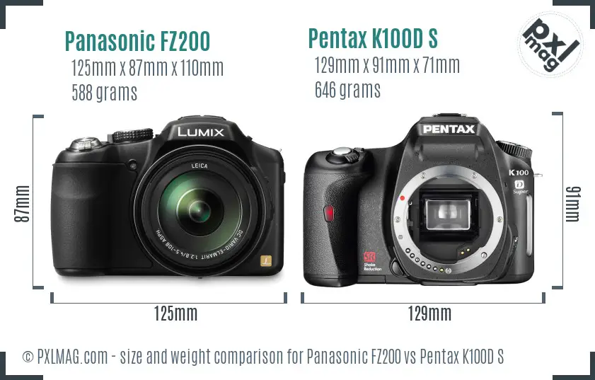 Panasonic FZ200 vs Pentax K100D S size comparison