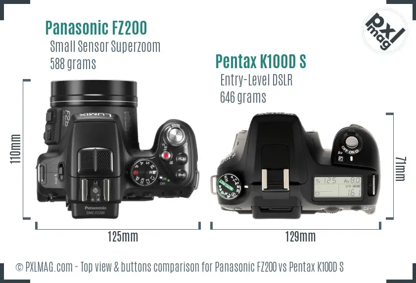 Panasonic FZ200 vs Pentax K100D S top view buttons comparison