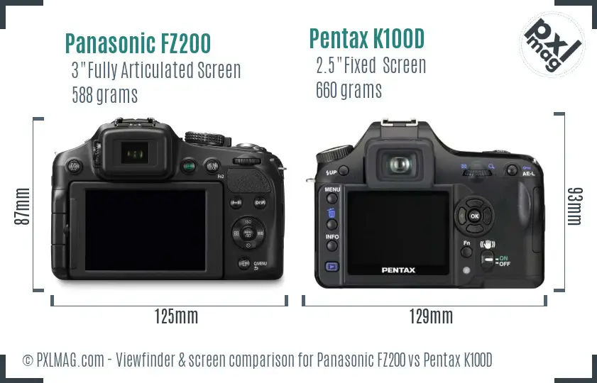 Panasonic FZ200 vs Pentax K100D Screen and Viewfinder comparison