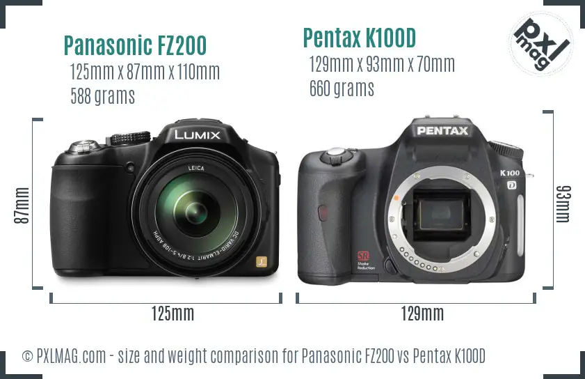 Panasonic FZ200 vs Pentax K100D size comparison