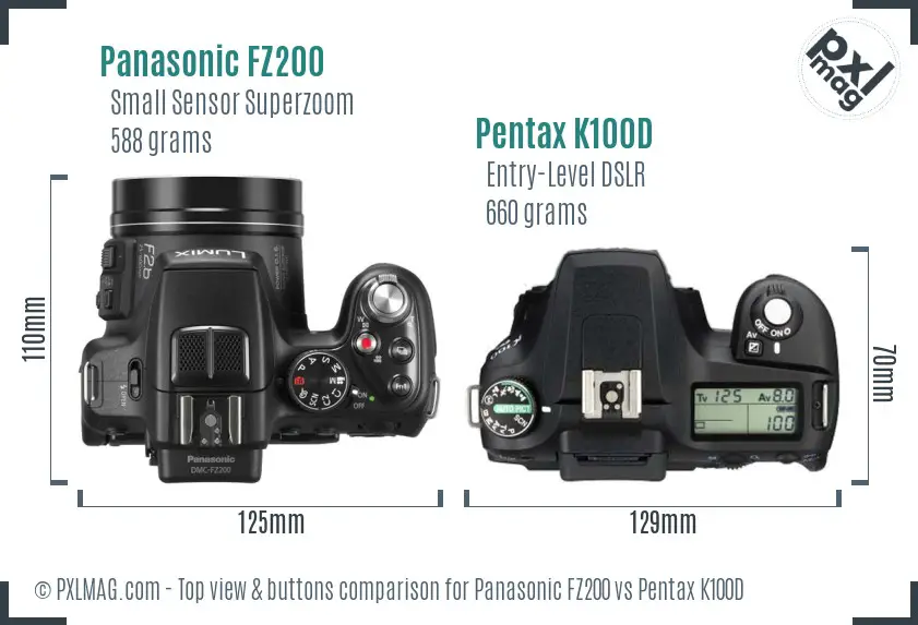 Panasonic FZ200 vs Pentax K100D top view buttons comparison