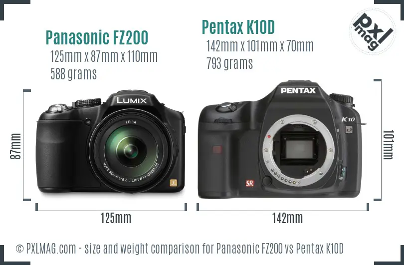 Panasonic FZ200 vs Pentax K10D size comparison