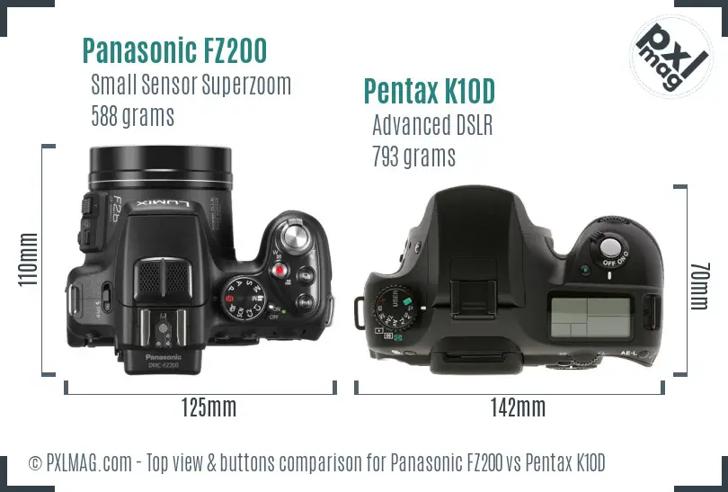 Panasonic FZ200 vs Pentax K10D top view buttons comparison