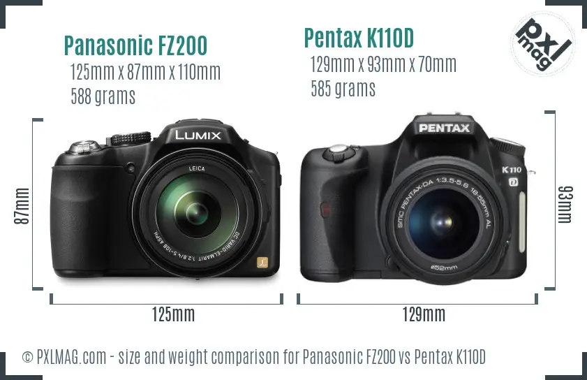 Panasonic FZ200 vs Pentax K110D size comparison