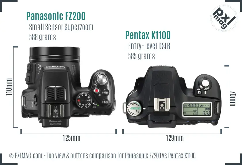 Panasonic FZ200 vs Pentax K110D top view buttons comparison