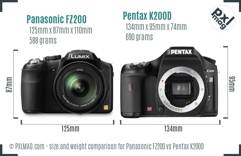 Panasonic FZ200 vs Pentax K200D size comparison