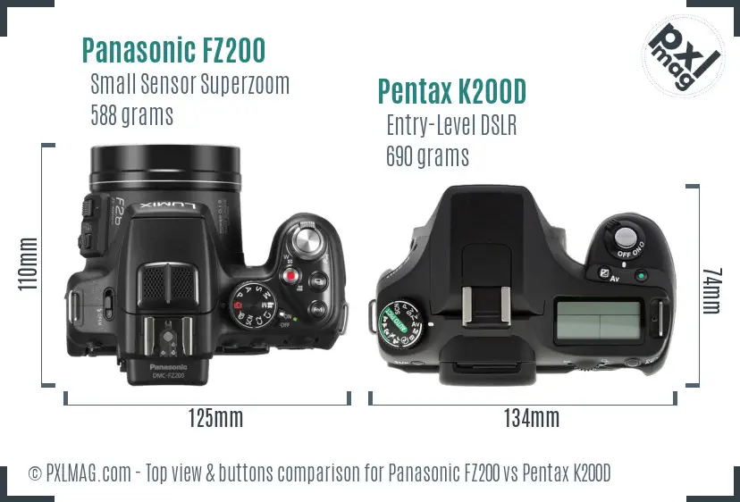 Panasonic FZ200 vs Pentax K200D top view buttons comparison