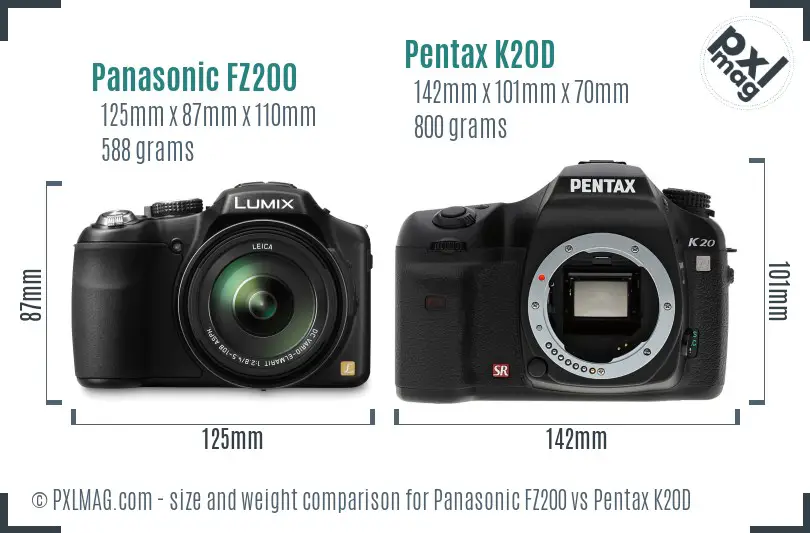 Panasonic FZ200 vs Pentax K20D size comparison