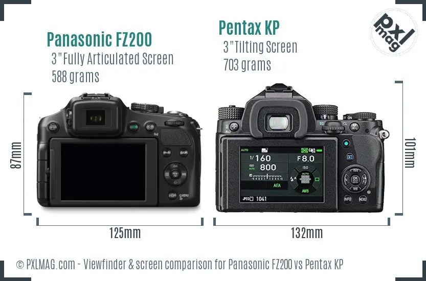 Panasonic FZ200 vs Pentax KP Screen and Viewfinder comparison