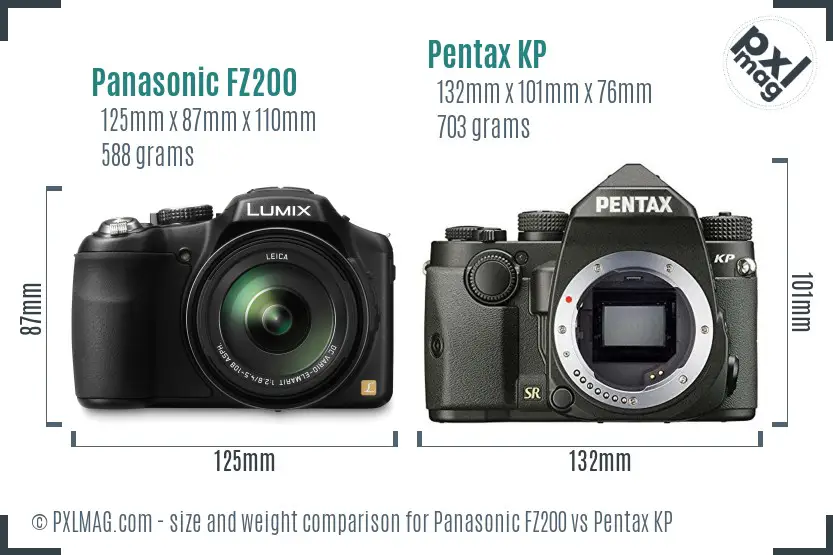 Panasonic FZ200 vs Pentax KP size comparison