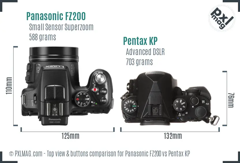 Panasonic FZ200 vs Pentax KP top view buttons comparison