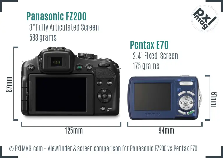 Panasonic FZ200 vs Pentax E70 Screen and Viewfinder comparison