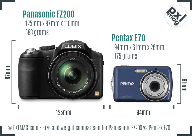 Panasonic FZ200 vs Pentax E70 size comparison