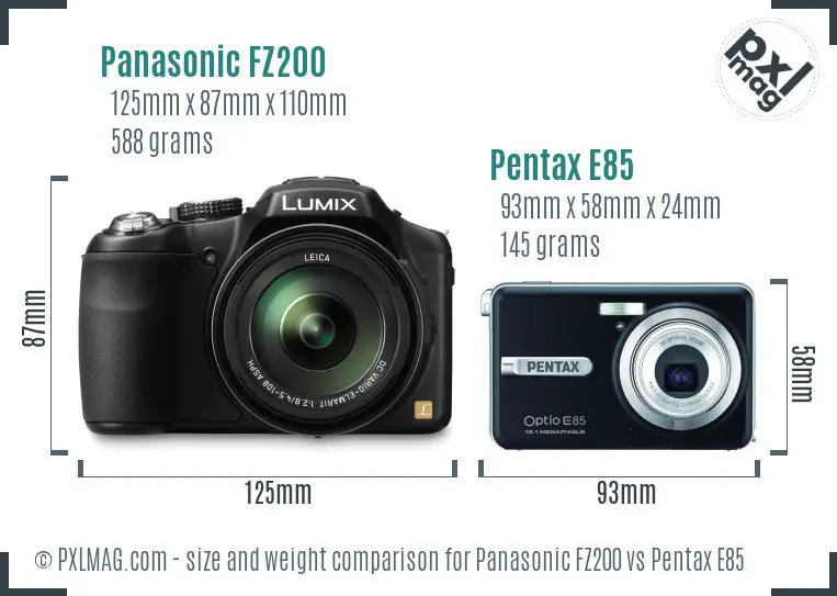 Panasonic FZ200 vs Pentax E85 size comparison