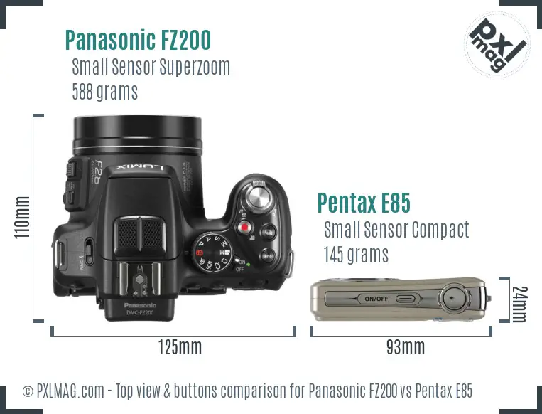 Panasonic FZ200 vs Pentax E85 top view buttons comparison