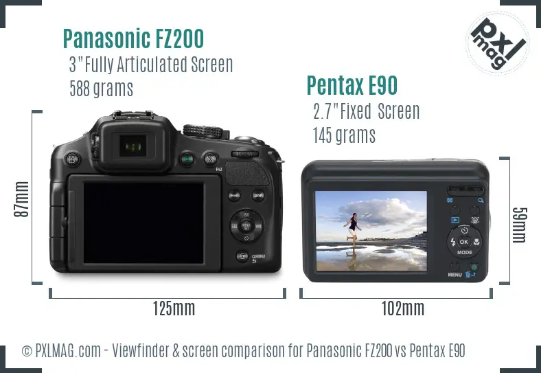 Panasonic FZ200 vs Pentax E90 Screen and Viewfinder comparison