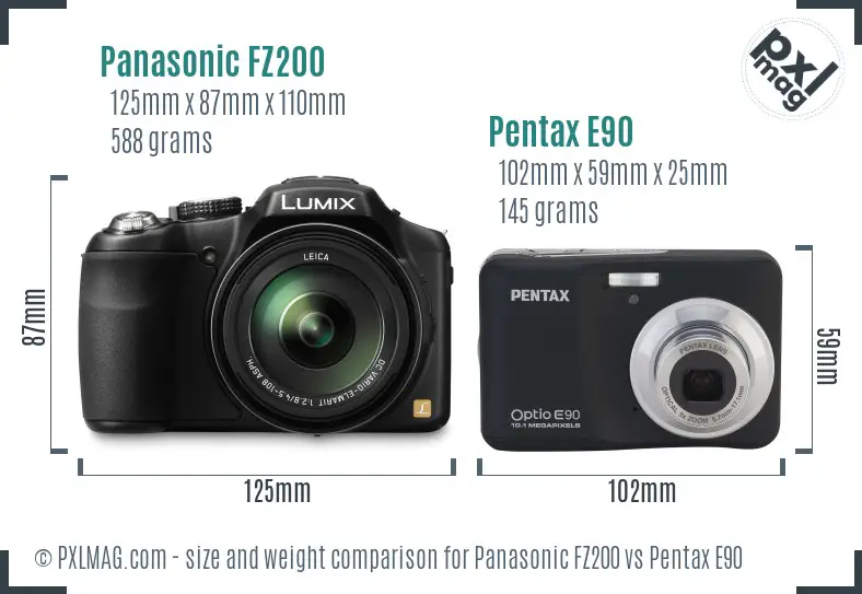 Panasonic FZ200 vs Pentax E90 size comparison