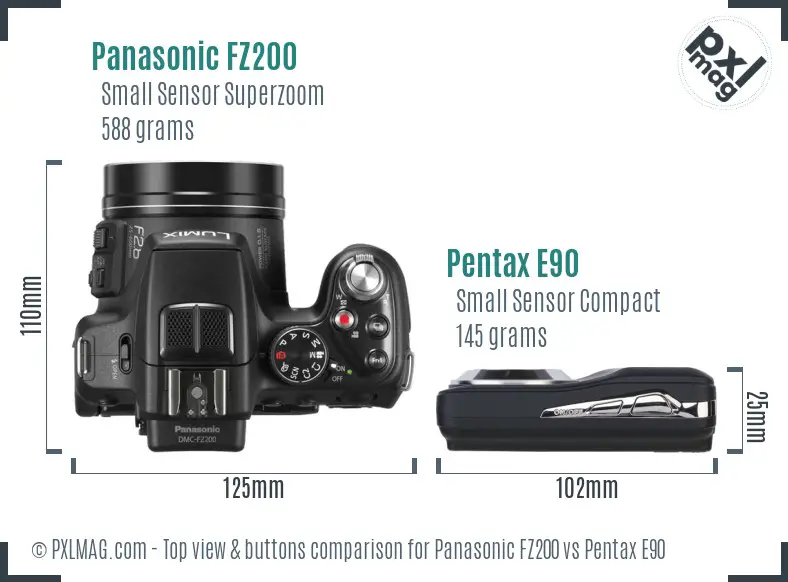 Panasonic FZ200 vs Pentax E90 top view buttons comparison