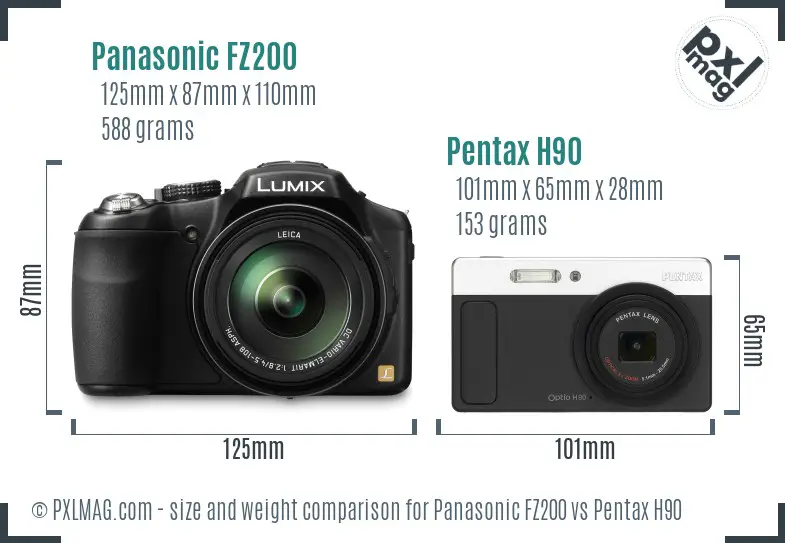 Panasonic FZ200 vs Pentax H90 size comparison