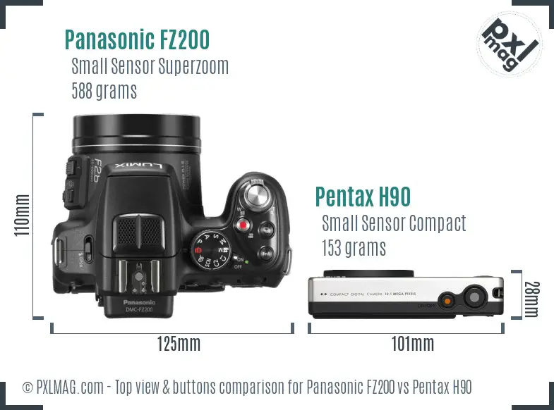 Panasonic FZ200 vs Pentax H90 top view buttons comparison