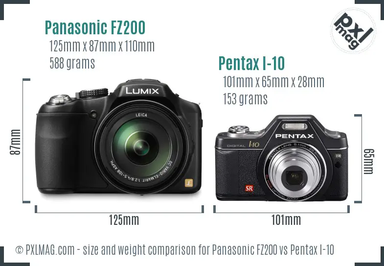 Panasonic FZ200 vs Pentax I-10 size comparison