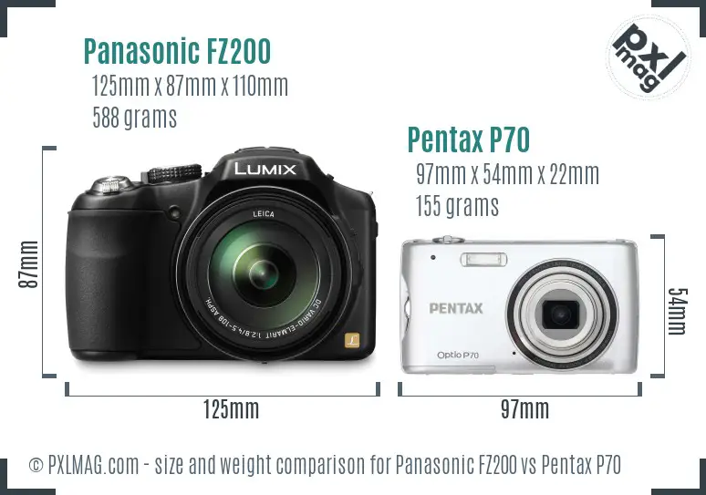 Panasonic FZ200 vs Pentax P70 size comparison