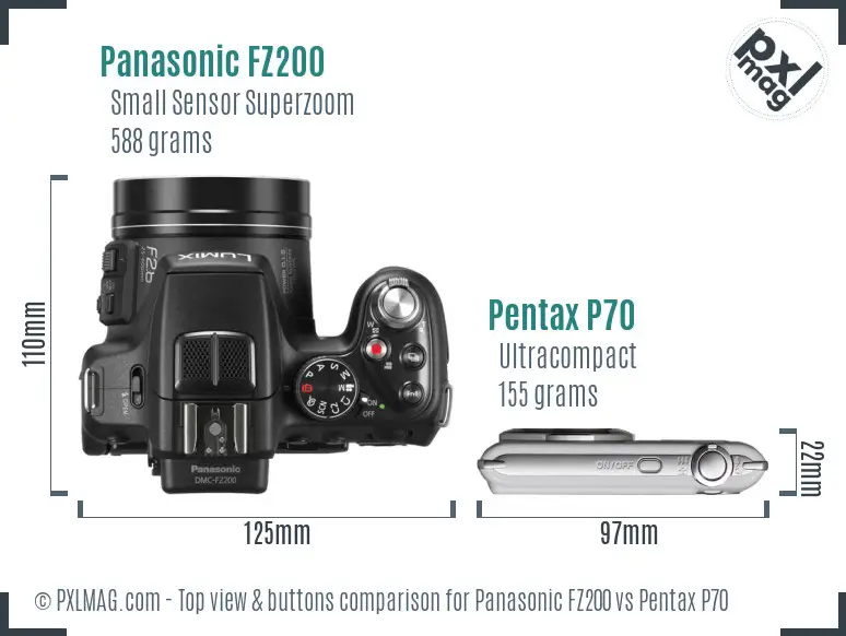 Panasonic FZ200 vs Pentax P70 top view buttons comparison