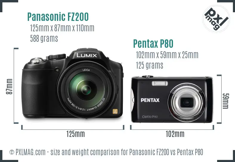 Panasonic FZ200 vs Pentax P80 size comparison