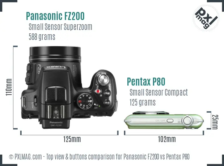 Panasonic FZ200 vs Pentax P80 top view buttons comparison