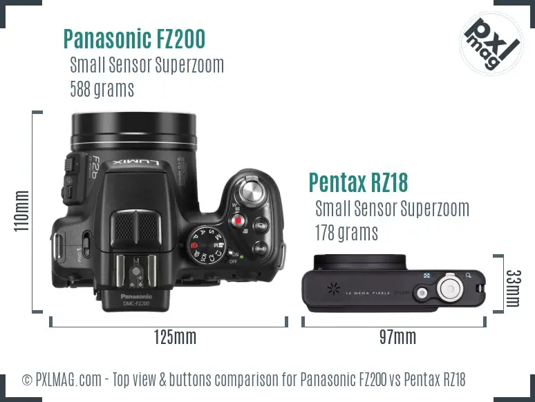 Panasonic FZ200 vs Pentax RZ18 top view buttons comparison