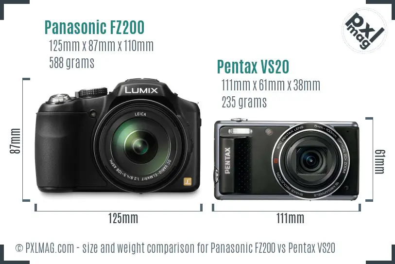 Panasonic FZ200 vs Pentax VS20 size comparison