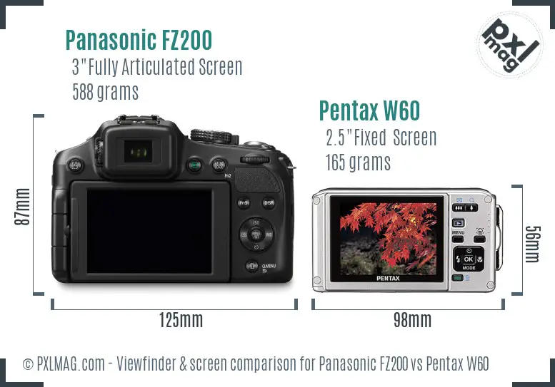 Panasonic FZ200 vs Pentax W60 Screen and Viewfinder comparison