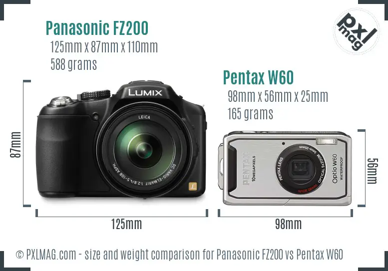 Panasonic FZ200 vs Pentax W60 size comparison